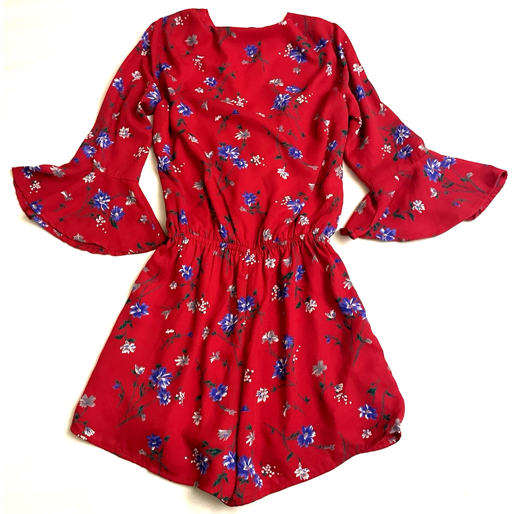 Lulus Red Floral Print Flounce Sleeve Romper Size XS